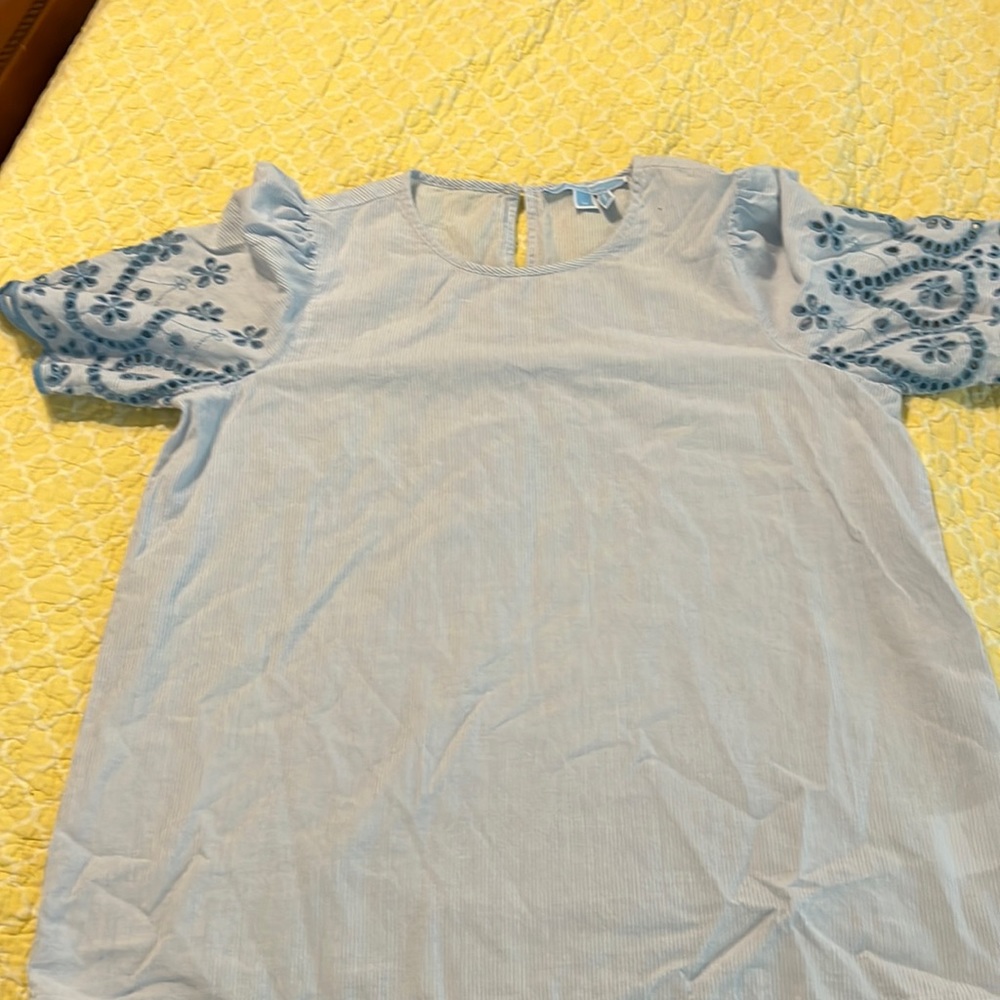 Draper James blue pinstripe blouse with eyelet sleeves